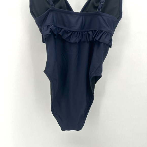 J. Crew Ruffle Deep-V One Piece Swimsuit Size 4 Blue Padded‎ Beach Preppy Pin Up - Picture 7 of 11